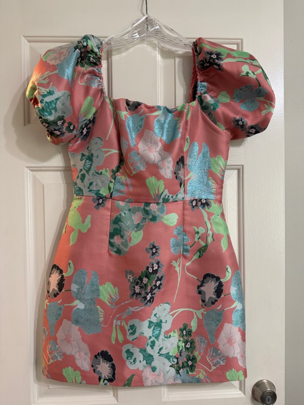 Lulu's Coral Floral Puff Sleeve Mini Dress